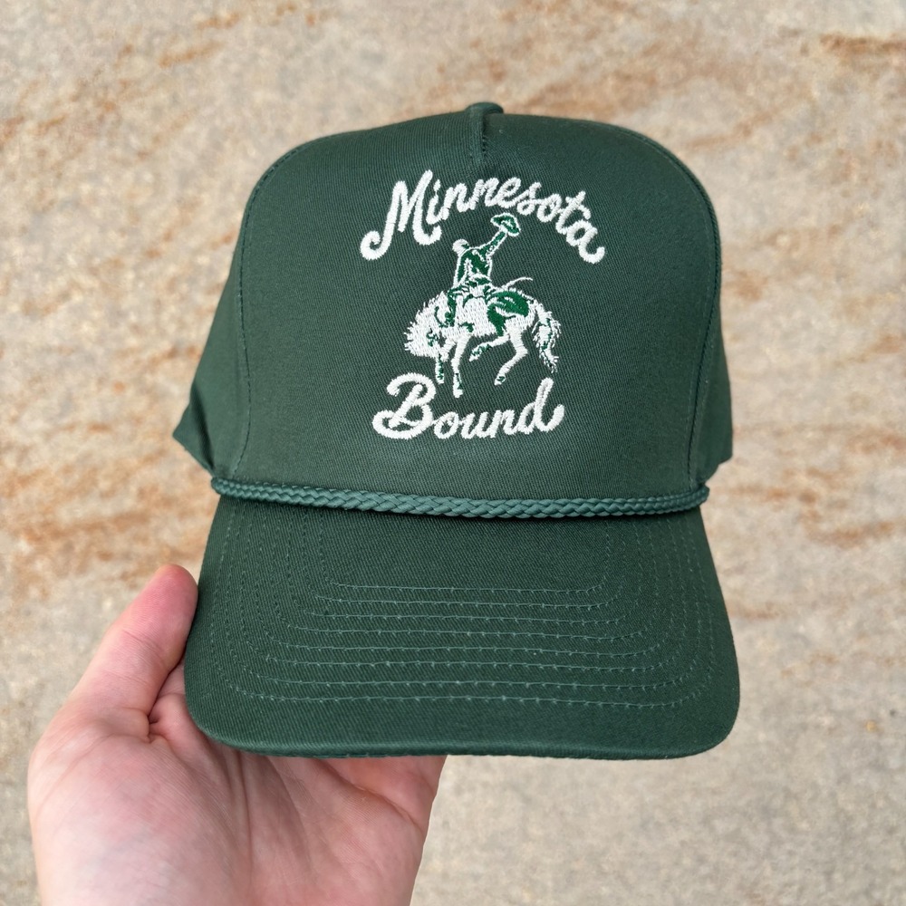 Minnesota Hat Snapback Green Minnesota Bound Script Cowboy Trucker High Crown